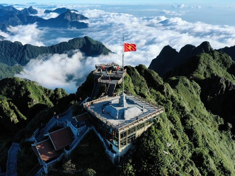 Fansipan Mountain in Sapa, Vietnam Flagpole on the Summit of Fansipan