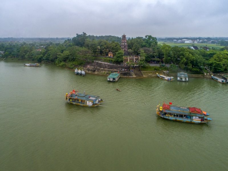 Aerial view of festival Hon Chen temple on Huong river, Hue Aerial view of festival Hon Chen temple on Huong river, Hue