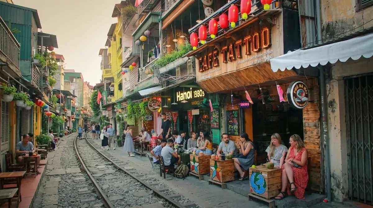 Tourists drinking coffee at Hanoi Train Street cafes with Vietnam Discovery Tours
