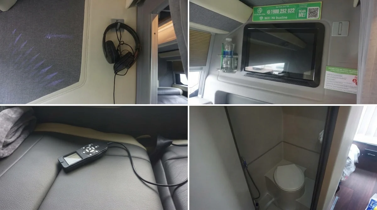 Sapa to Halong VIP Sleeper Bus Cabin Amenities | Vietnam Discovery Tours Modern amenities inside VIP sleeper bus cabin from Sapa to Halong including private TV headphones massage remote and onboard toilet