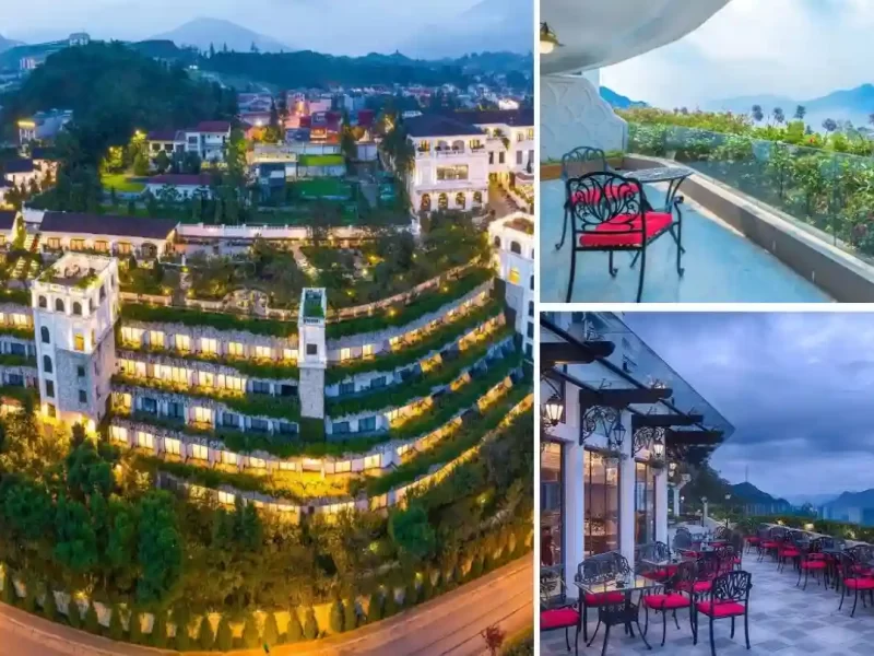 Collage of a Sapa hotel with mountain and rice terrace views