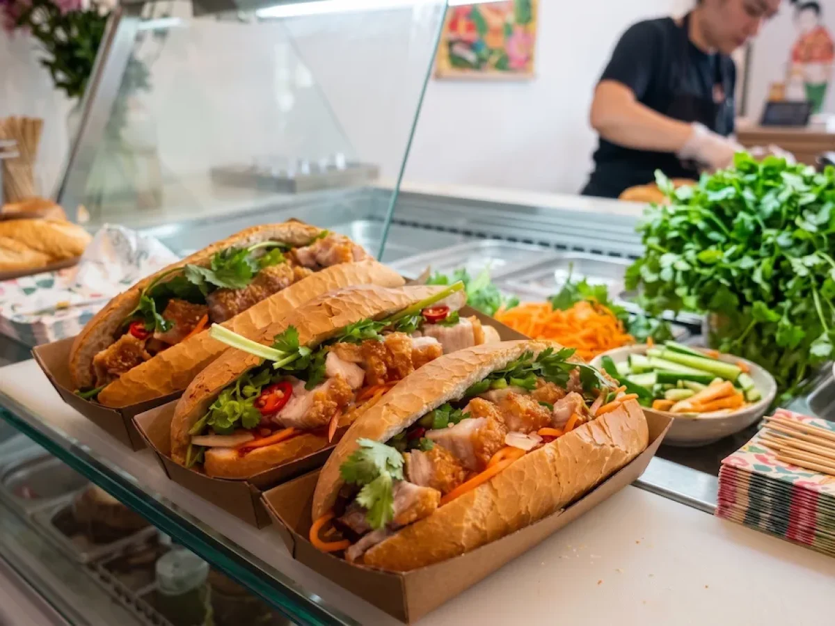 Savor the iconic Da Nang crispy roast pork banh mi filled with tender pork belly, crunchy crackling, fresh herbs, pickled carrots, and rich savory sauce, discovered on authentic central Vietnam food tours by Vietnam Discovery Tours. Crispy roast pork baguette banh mi heo quay in Da Nang recommended by Vietnam Discovery Tours