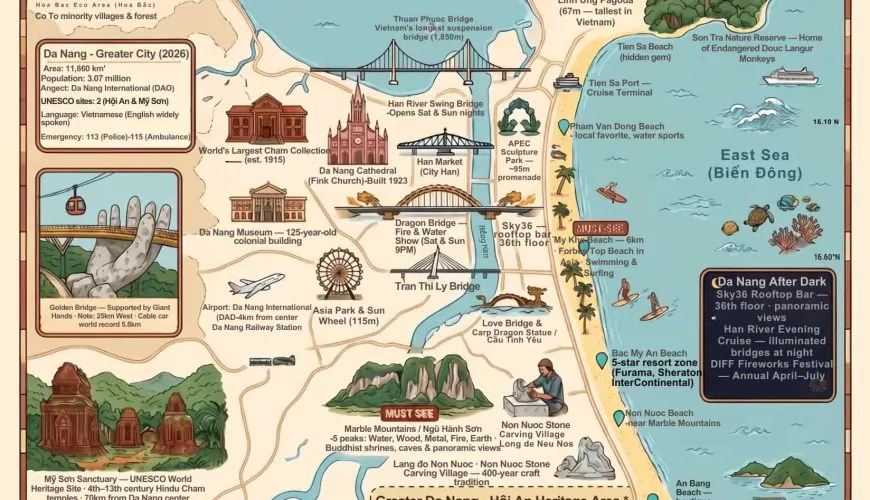 "Illustrated tourist map of Greater Da Nang 2026 showing 52 attractions across 8 zones..."