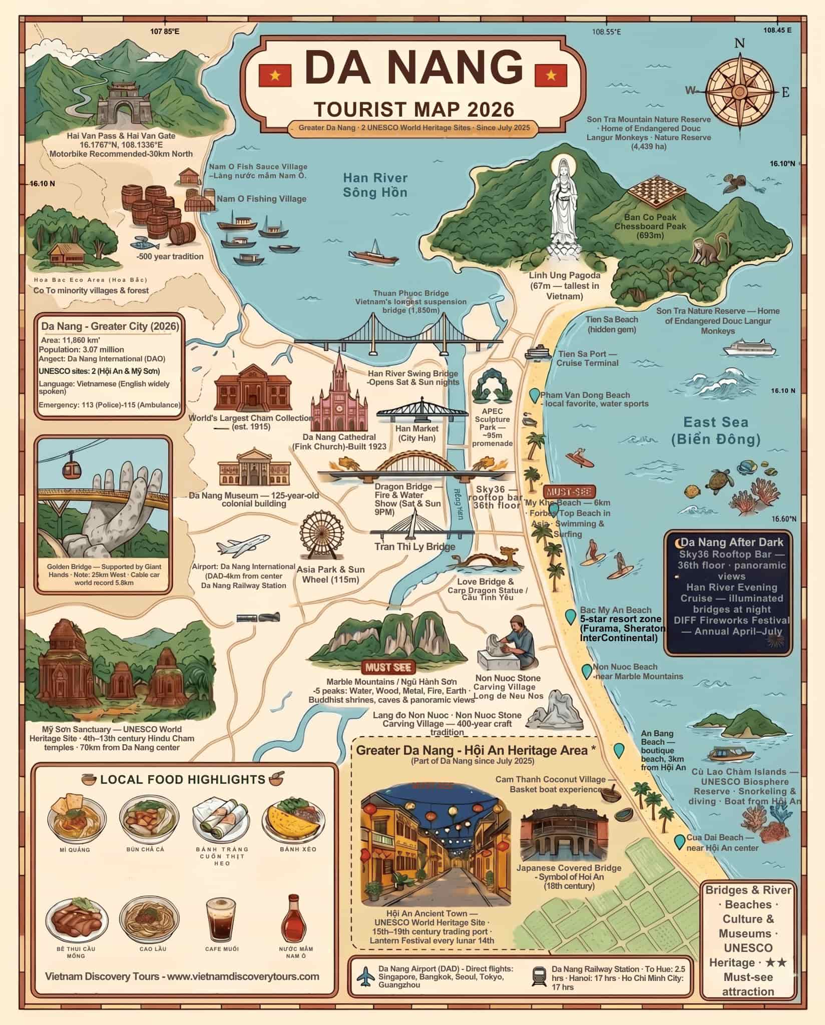 "Illustrated tourist map of Greater Da Nang 2026 showing 52 attractions across 8 zones..."