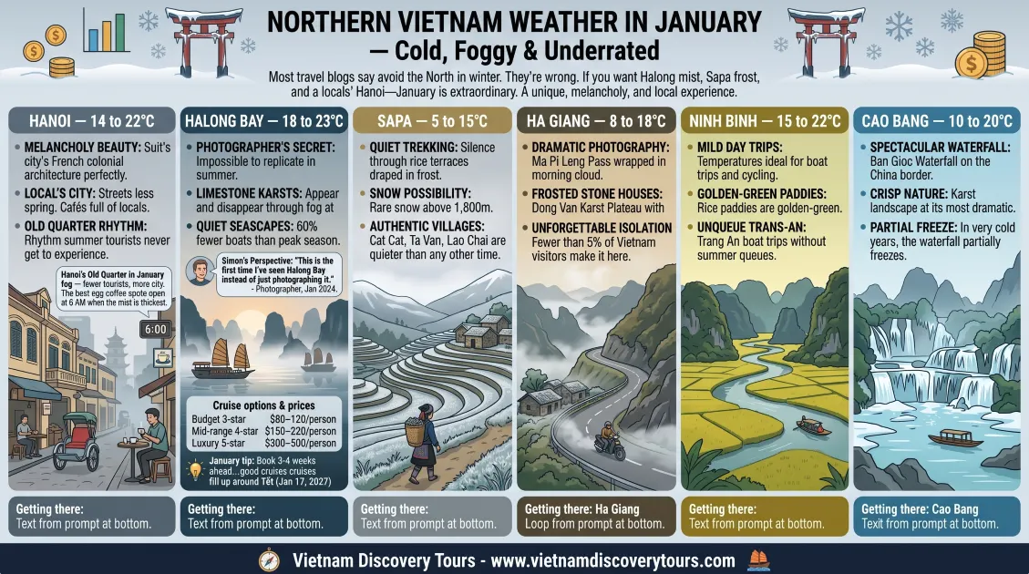 Hanoi weather in January infographic showing temperatures rainfall and what to wear for winter travel