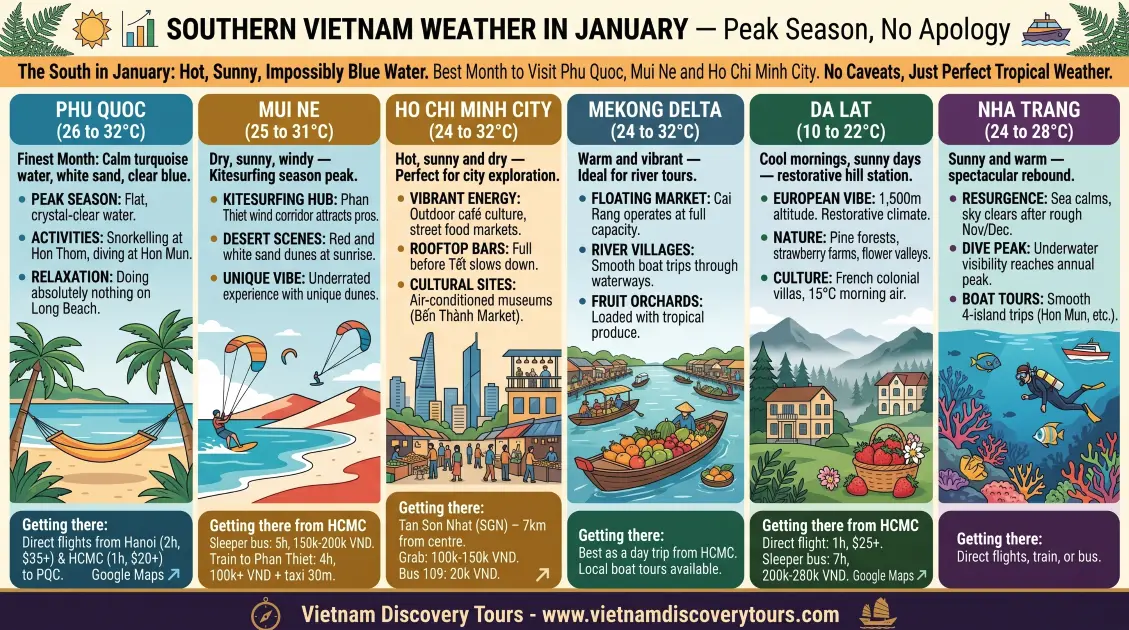Southern Vietnam weather in January infographic showing Phu Quoc 26-32°C Ho Chi Minh City 24-32°C Mekong Delta Nha Trang Mui Ne and Da Lat temperatures