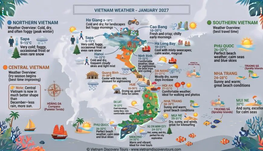 Vietnam weather map January 2027 showing temperatures across Northern Central and Southern Vietnam with 15 destinations