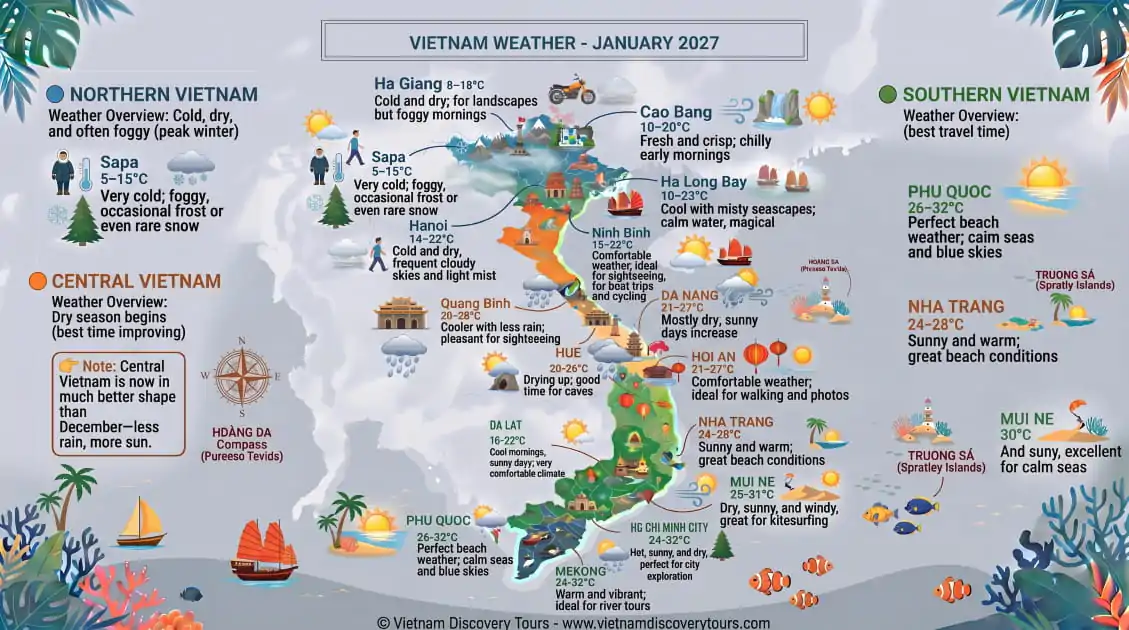 Vietnam weather map January 2027 showing temperatures across Northern Central and Southern Vietnam with 15 destinations