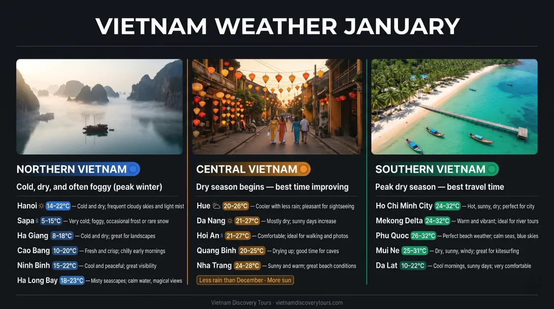 Vietnam weather map January showing temperatures across Northern, Central and Southern Vietnam — 15 destinations guide