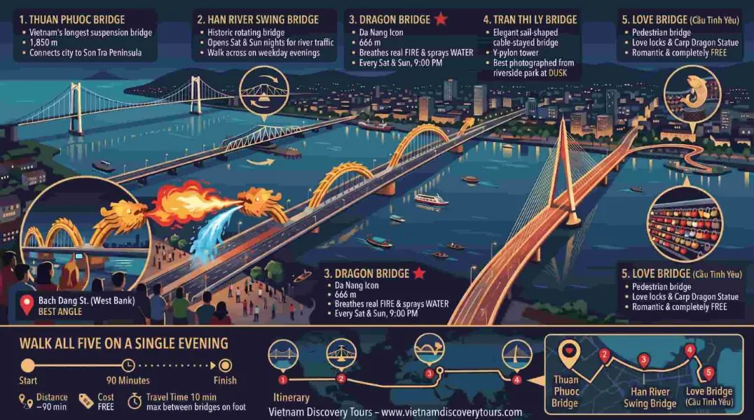 Illustrated guide to Da Nang's 5 Han River bridges showing Dragon Bridge fire show, Han River Swing Bridge, Thuan Phuoc suspension bridge, Tran Thi Ly and Love Bridge with walking route map
