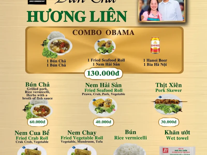 Bun Cha Huong Lien Obama Combo Menu - Vietnam Discovery Tours Food menu and Combo Obama prices at Bun Cha Huong Lien restaurant in Hanoi - Vietnam Discovery Tours