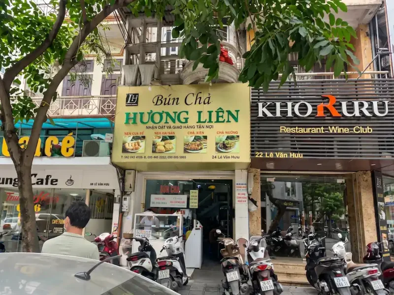 Bun Cha Huong Lien Storefront Hanoi - Vietnam Discovery Tours Exterior storefront and entrance of Bun Cha Huong Lien restaurant on Le Van Huu Street Hanoi - Vietnam Discovery Tours